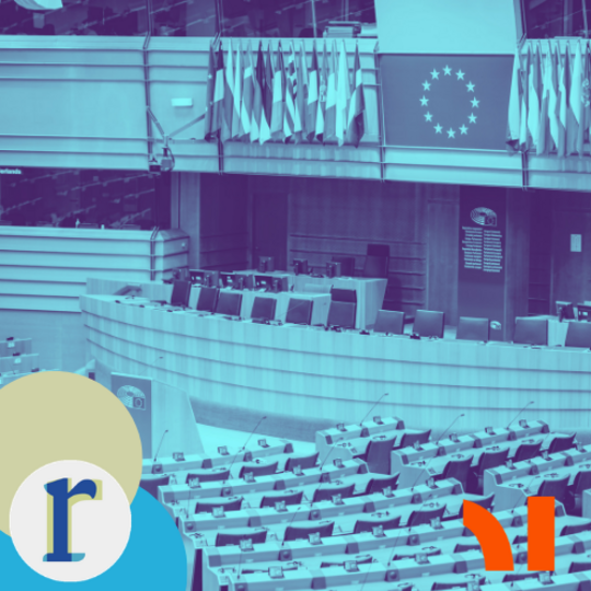 The empty chamber of the European Parliament, seen from above in a blue duotone tint, with member state flags and the EU emblem hanging above the rows of seats.