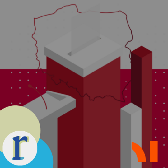 An isometric illustration of a red-and-grey ballot box with a voting slip, set against a red-and-grey background with an outline of Poland's map overlaid.