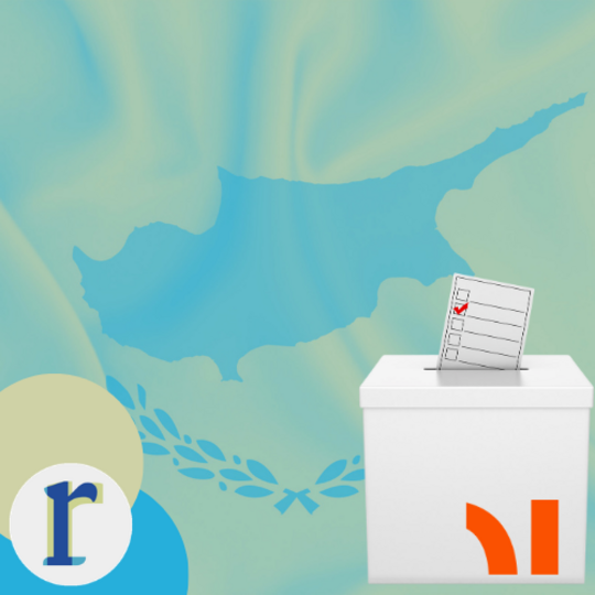 A light-blue silhouette of the island of Cyprus with an olive-branch emblem, beside a ballot box with a checked voting slip, representing elections in Cyprus.