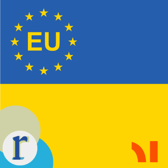 The top half of the image shows the EU flag's ring of gold stars around the letters "EU" on a blue background; the bottom half is plain yellow.