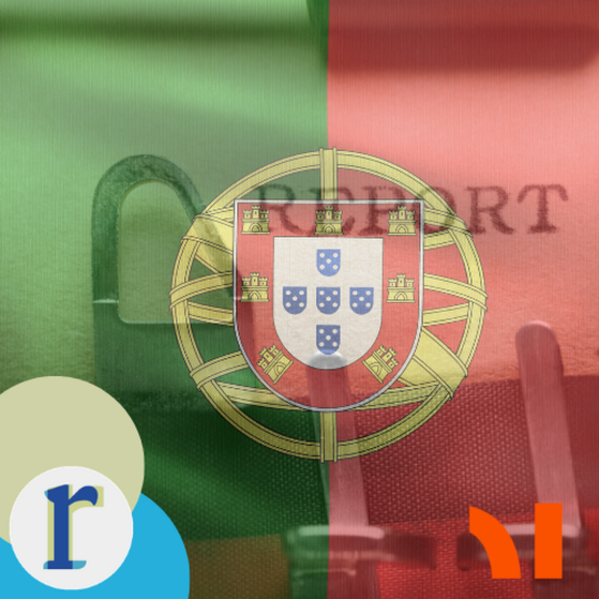 The Portuguese flag (green, red) with its coat of arms in the centre, behind a ring binder with the word "REPORT" stamped across the page.
