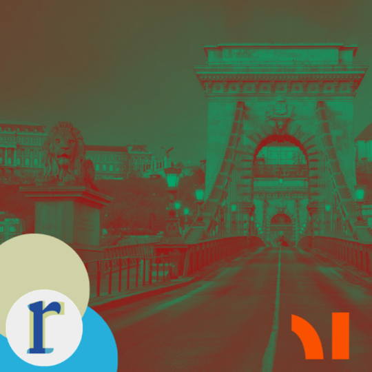 The Chain Bridge in Budapest shown in a red-and-green duotone effect, with a stone lion statue visible in the foreground