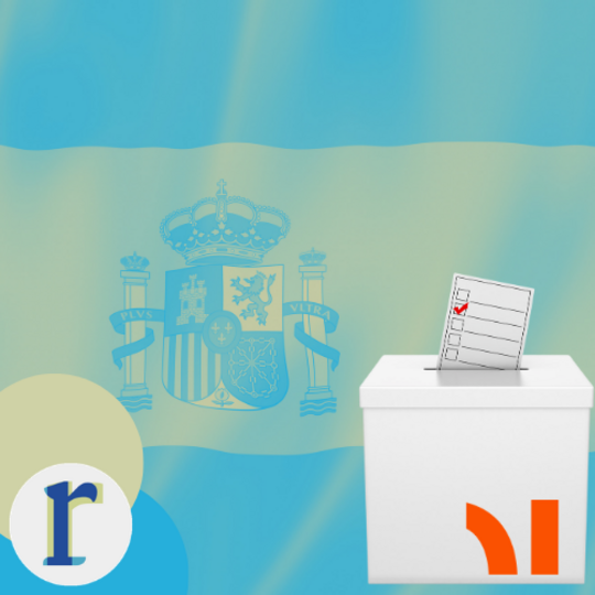 Spain's coat of arms on a blue-and-gold background beside a ballot box with a checked voting slip, representing elections in Spain.