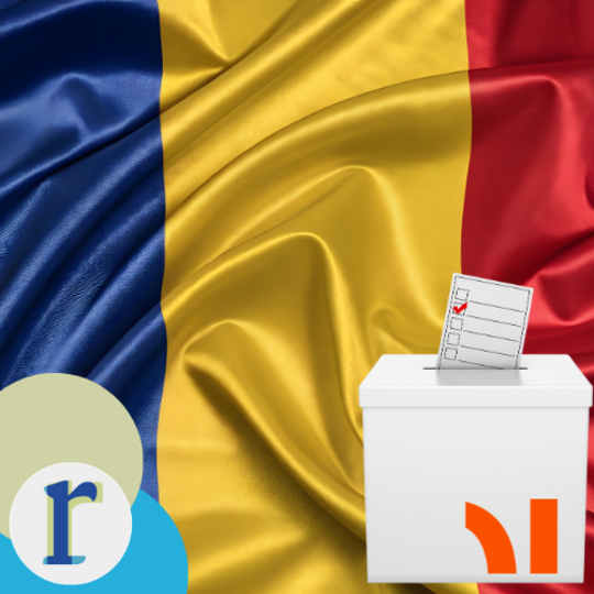The Romanian national flag (blue, yellow, red) behind a ballot box with a checked voting slip, representing elections in Romania.