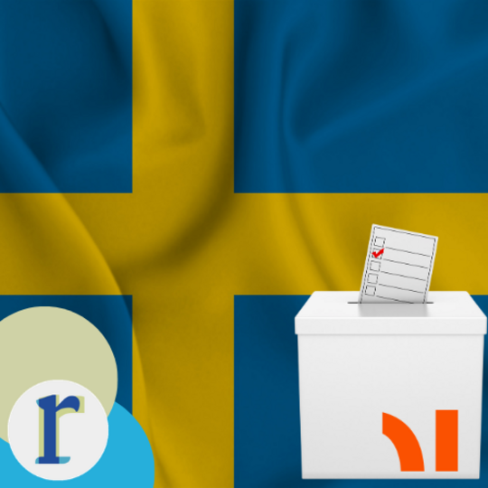 The Swedish national flag (blue with a yellow cross) behind a ballot box with a checked voting slip, representing elections in Sweden.
