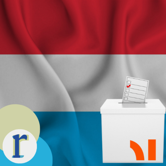 The Luxembourgish national flag (red, white, light blue) behind a ballot box with a checked voting slip, representing elections in Luxembourg.