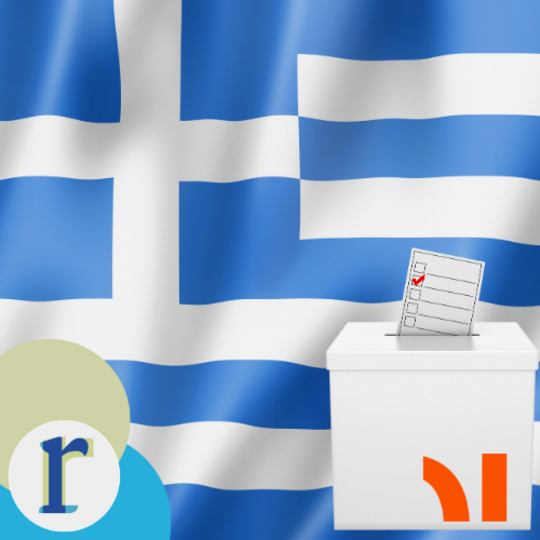 The Greek national flag (blue and white stripes with a cross) behind a ballot box with a checked voting slip, representing elections in Greece.
