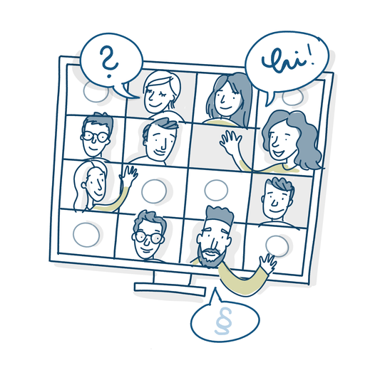 Drawing of a monitor with many faces on it, depicting a group video call.