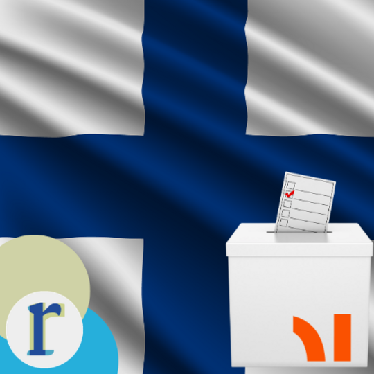 The Finnish national flag (blue cross on white) behind a ballot box with a checked voting slip, representing elections in Finland.