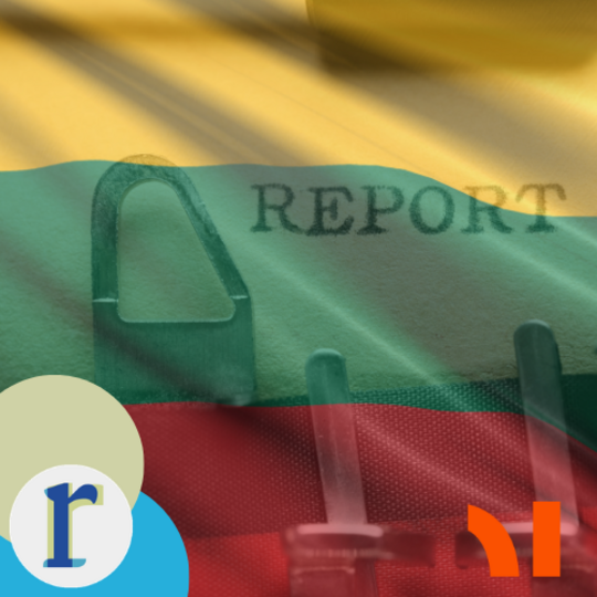 The Lithuanian flag (yellow, green, red) behind a ring binder, with the word "REPORT" stamped across the page in the foreground.