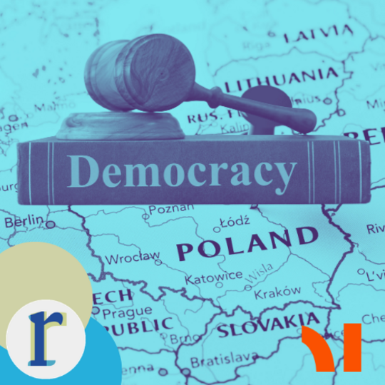 A book titled "Democracy" with a gavel resting on top, laid over a map of Central Europe showing Poland, Czechia, Slovakia and neighbouring countries, in a teal duotone.