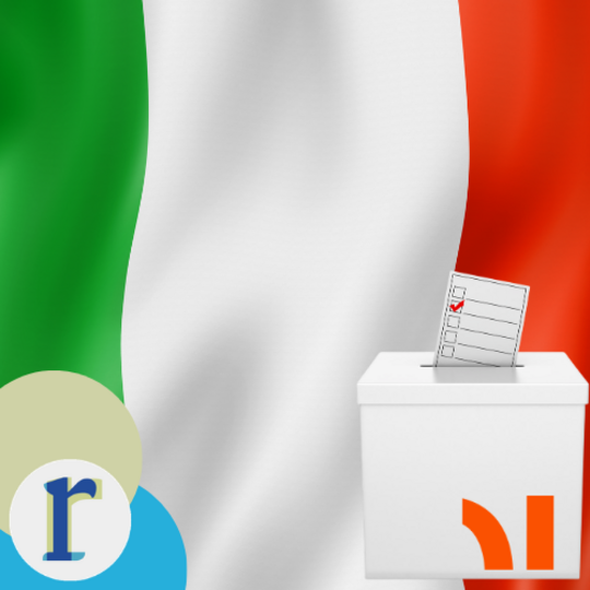 The Italian national flag (green, white, red) behind a ballot box with a checked voting slip, representing elections in Italy.