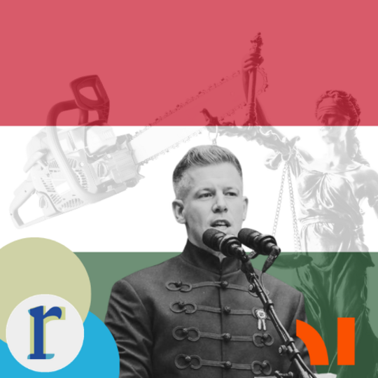A man in dark formal wear speaking at a microphone, with a chainsaw and a gavel/scales of justice faintly overlaid, set against the red-white-green Hungarian flag.