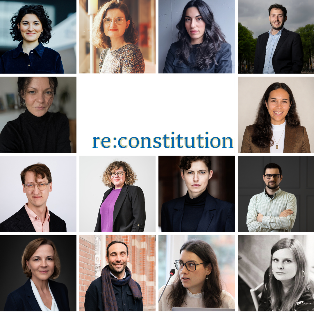 A square collage of images made up of 14 square portrait photos of the new re:constitution Fellows mentioned in the post. In the middle, two squares are white with the re:constitution logo across them.