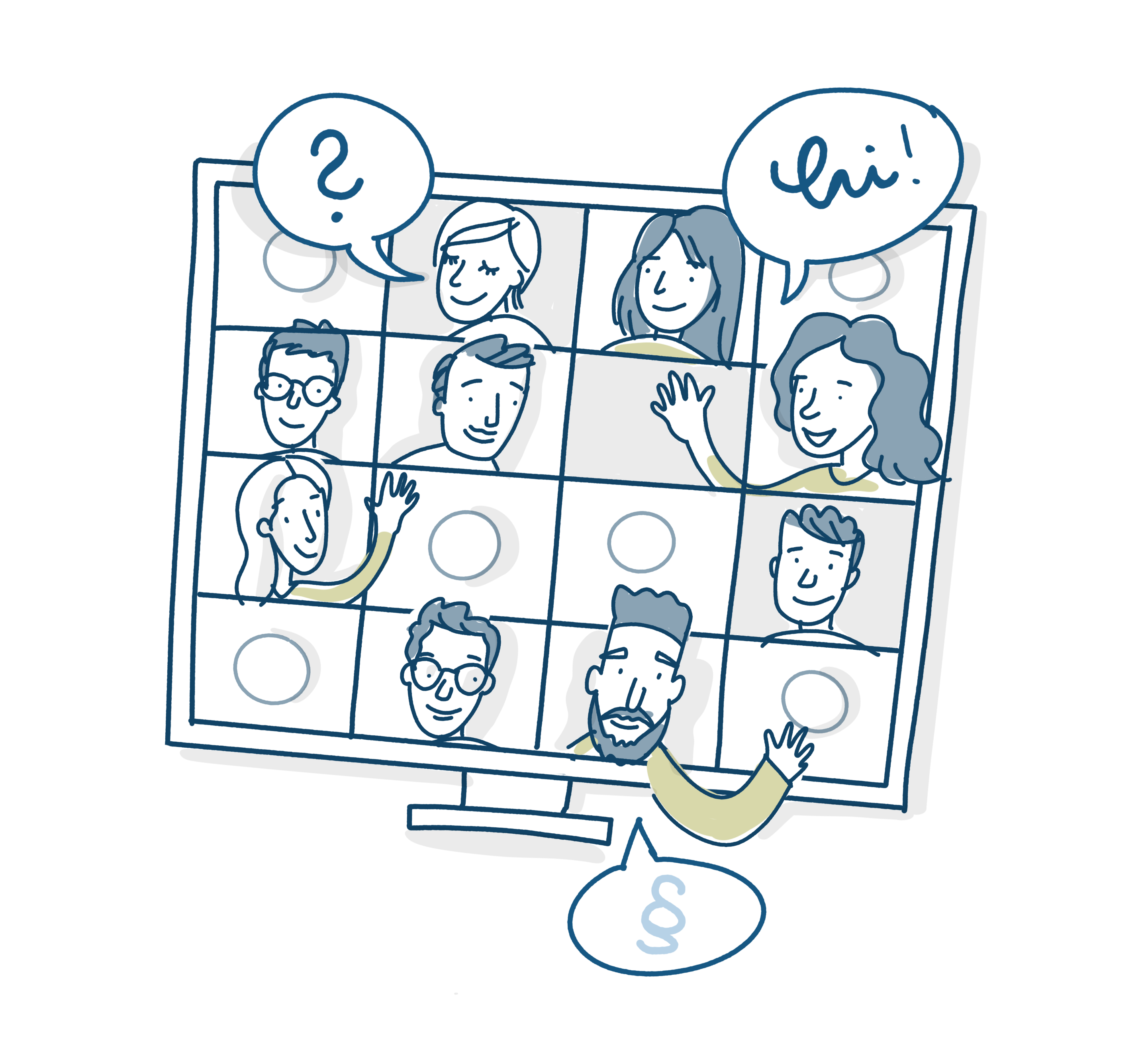 Drawing of a monitor with many faces on it, depicting a group video call.